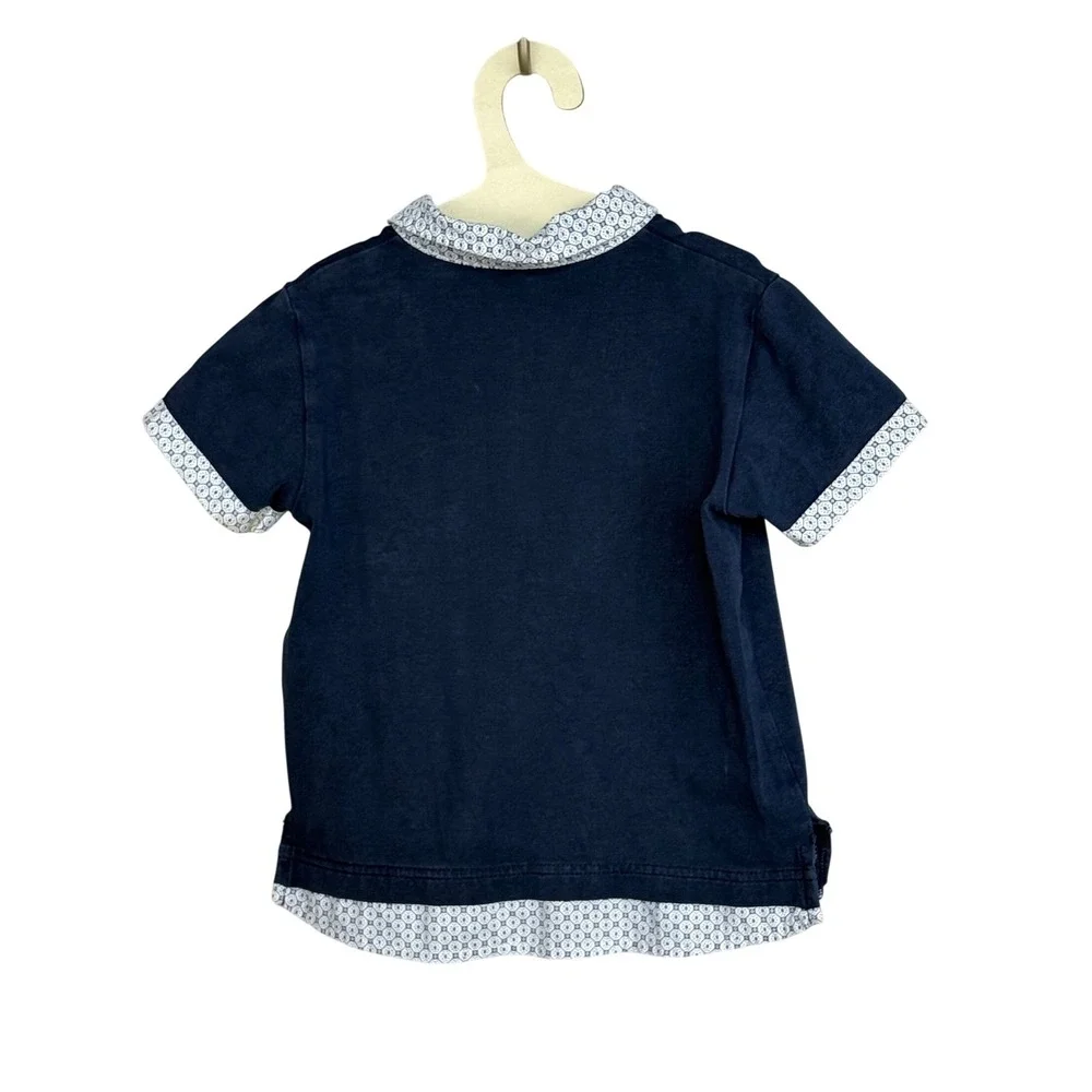 Sarah‎ Louise Girl's Polo Shirt Size 2Y Navy Blue Cotton Blend Geometric Trim
